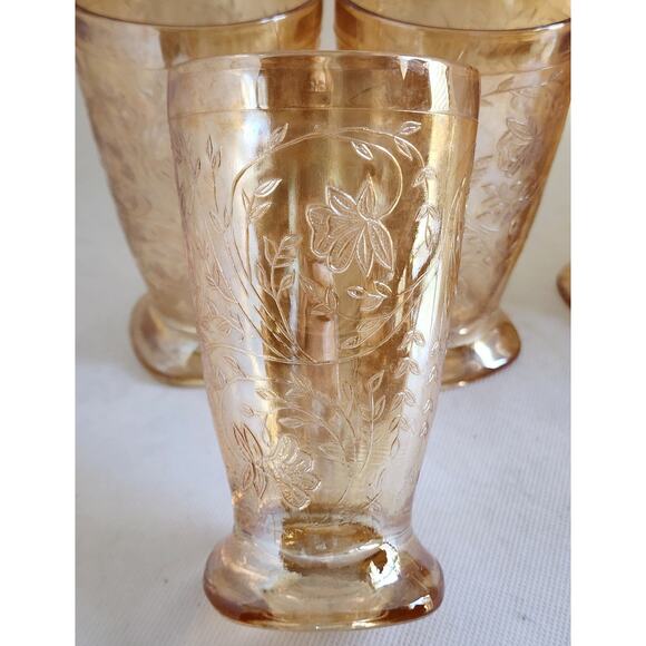GLASSES-JEANNETTE GLASS FLORAGOLD-LOUISA-Tumblers-Amber-Iridescent-Set 4 - Picture 6 of 8